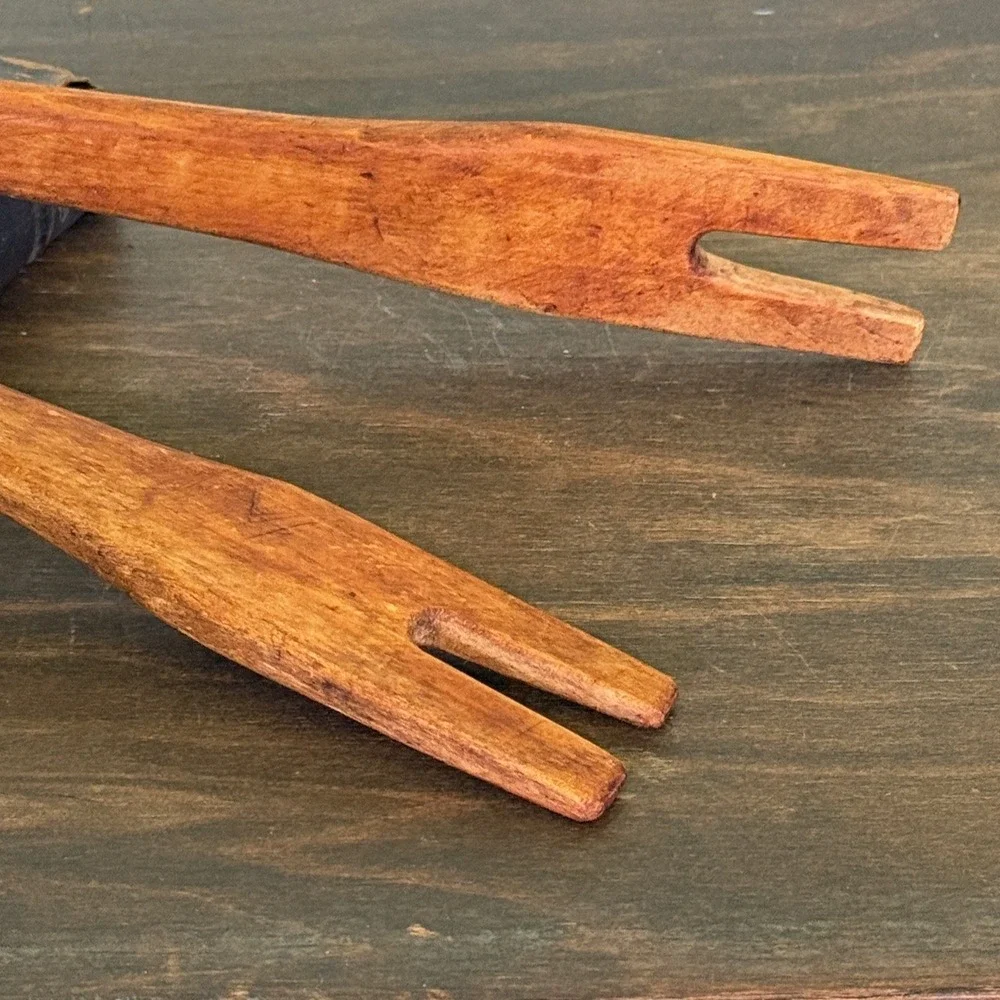 Vintage Handcrafted Wooden Salad Servers Long Handle Rustic Tongs Leather Cord